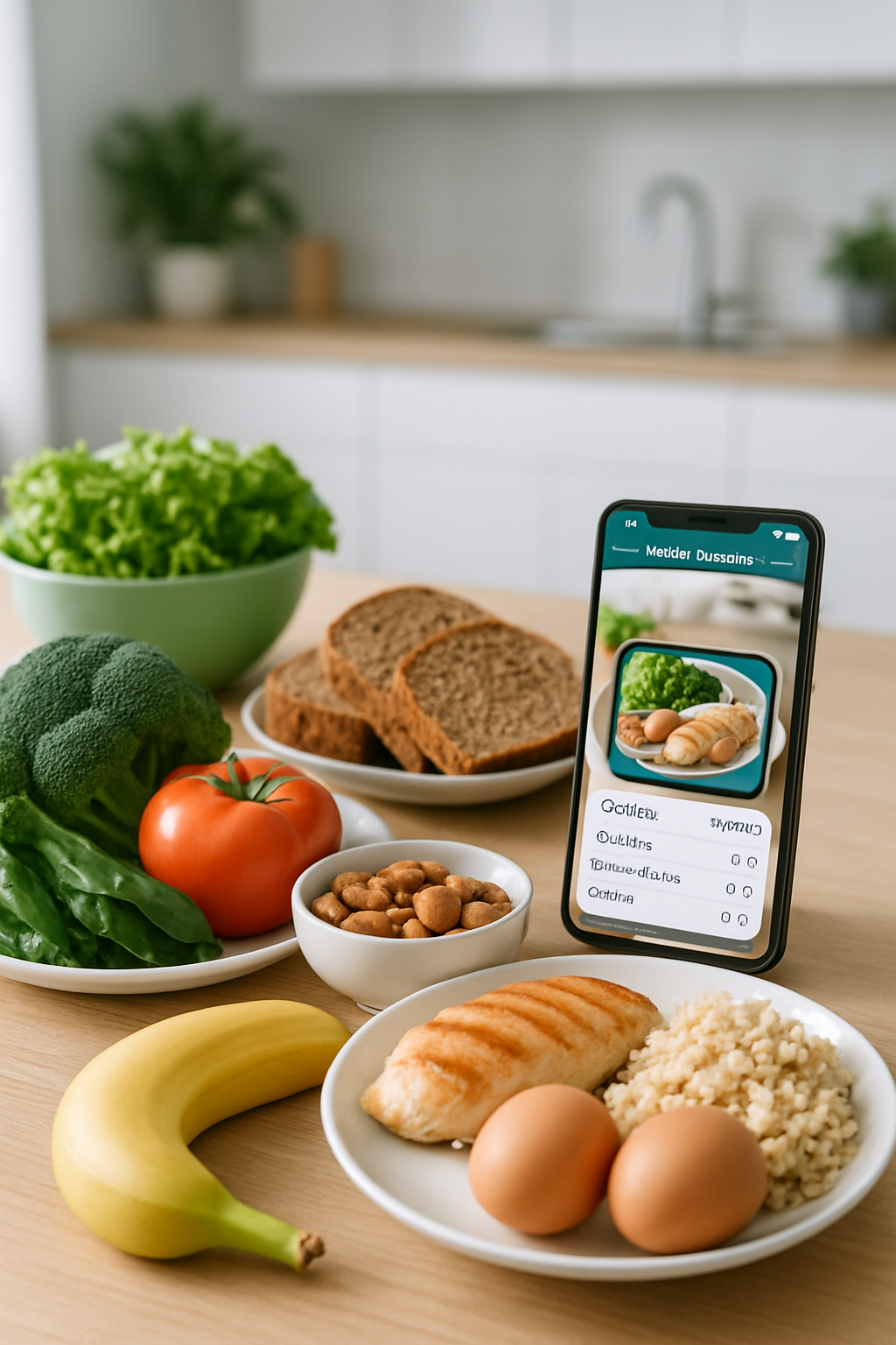 A smartphone displaying an AI meal tracking app analyzing a healthy meal of salmon, avocado, and vegetables.