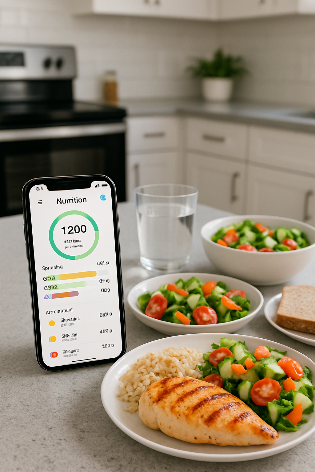 Smartphone showing SnapEat AI app analyzing a healthy meal of chicken and vegetables to track nutrition stats.