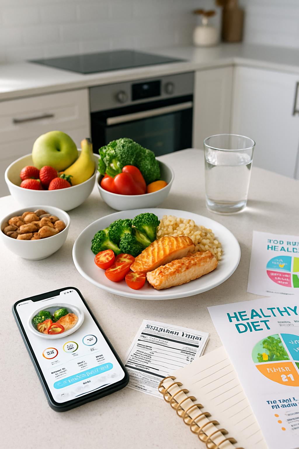 A smartphone displaying the SnapTrack AI nutrition tracker app interface with a detailed analysis of a healthy meal.