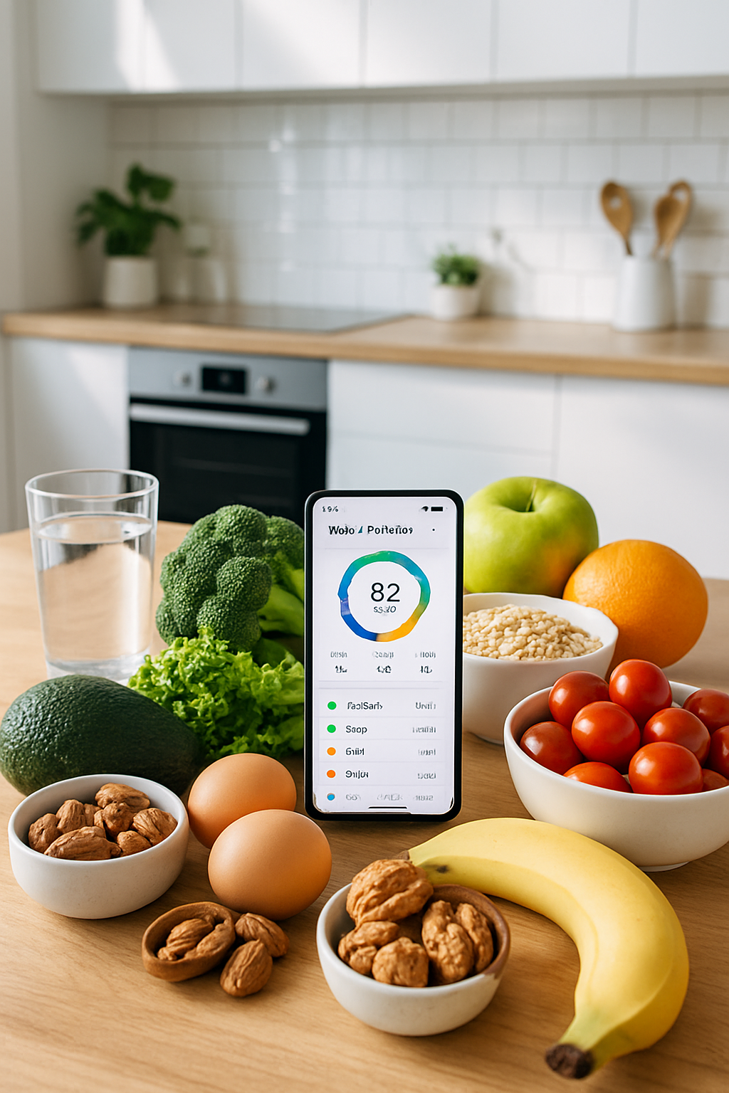 A smartphone displaying the SnapEat AI app analyzing a healthy meal, with a blurred image of a soccer stadium in the background.