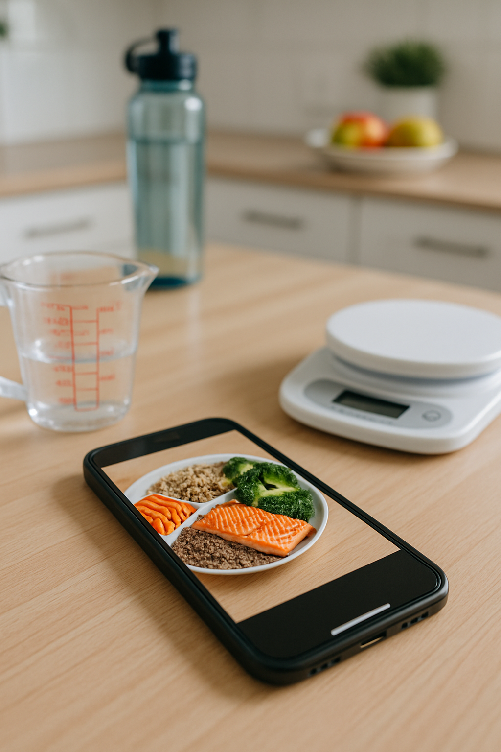 Smartphone showing the SnapEat AI food tracker app analyzing a healthy meal with salmon, quinoa, and broccoli.