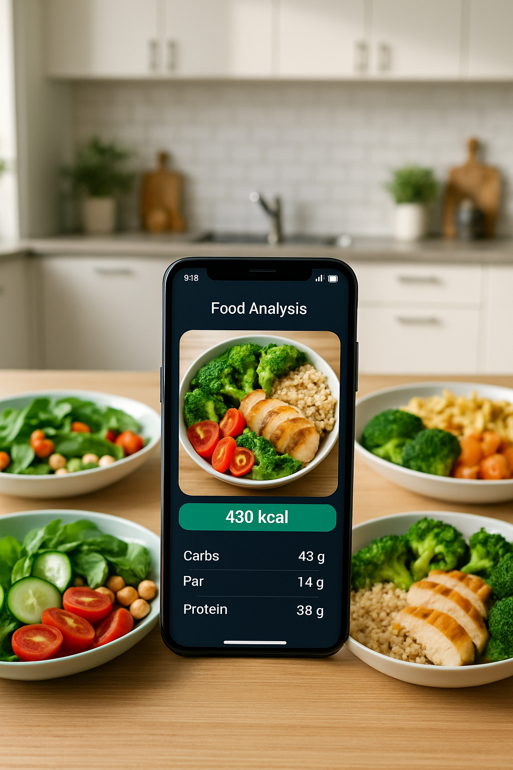 A smartphone displaying the SnapEat AI meal tracker app, showing an analysis of a healthy meal.