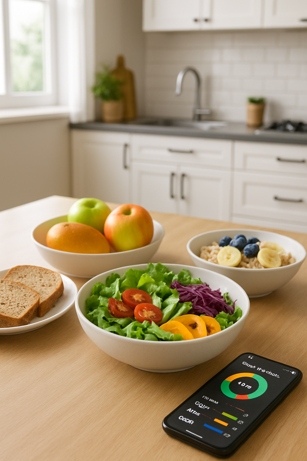 A smartphone displaying the SnapEat AI app interface, showing food recognition results for a healthy meal.
