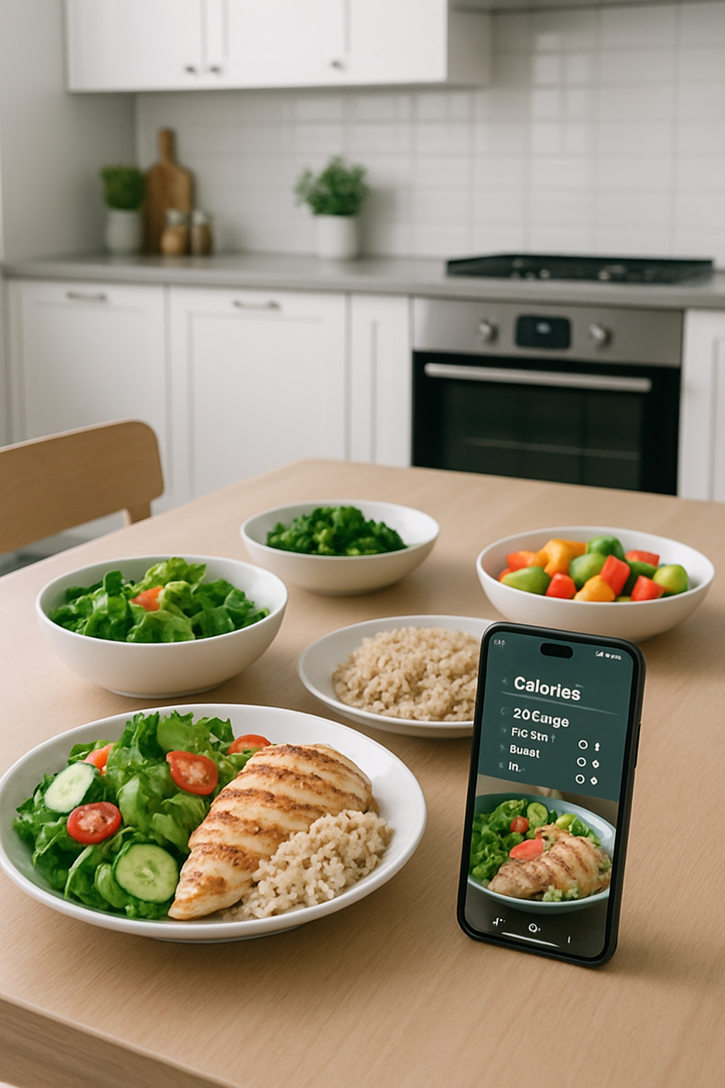 Smartphone showing the SnapEat AI app interface doing smart nutrition tracking of a salad.