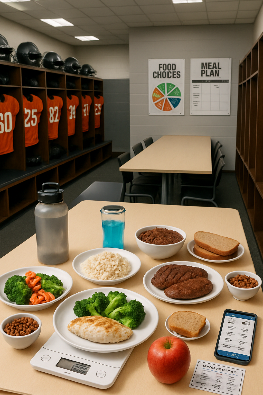 An illustration of an athlete looking at the SnapEat AI nutrition tracker app on a phone with a football stadium in the background.