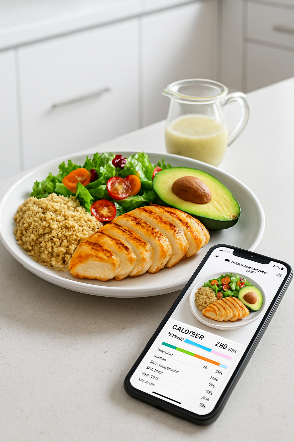Smartphone showing the SnapEat AI app interface analyzing a salad with smart food recognition technology.