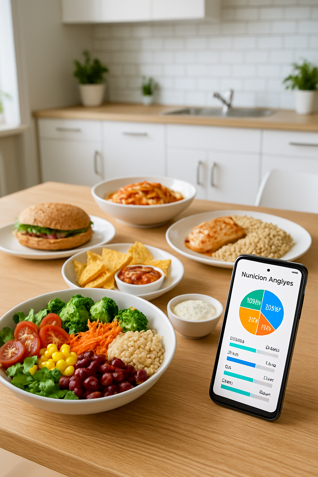 Smartphone using the SnapEat AI food tracker app to perform a nutrition analysis on a plate of salad and grilled chicken.