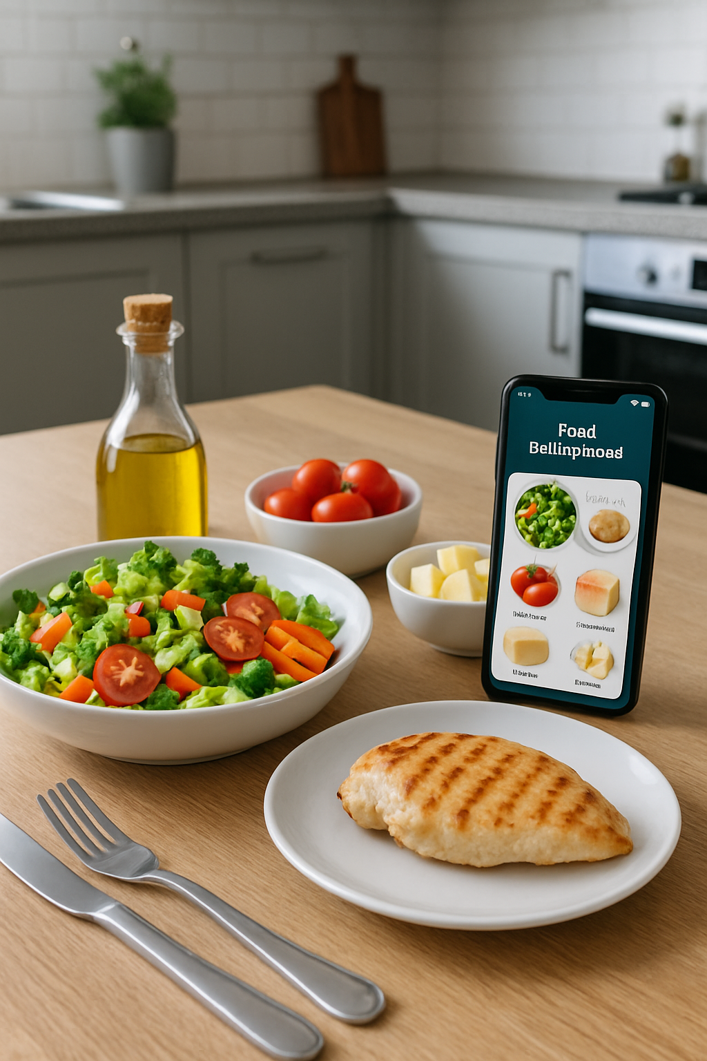 A smartphone displaying the SnapEat AI app analyzing a photo of a healthy meal, demonstrating smart nutrition tracking from a picture.