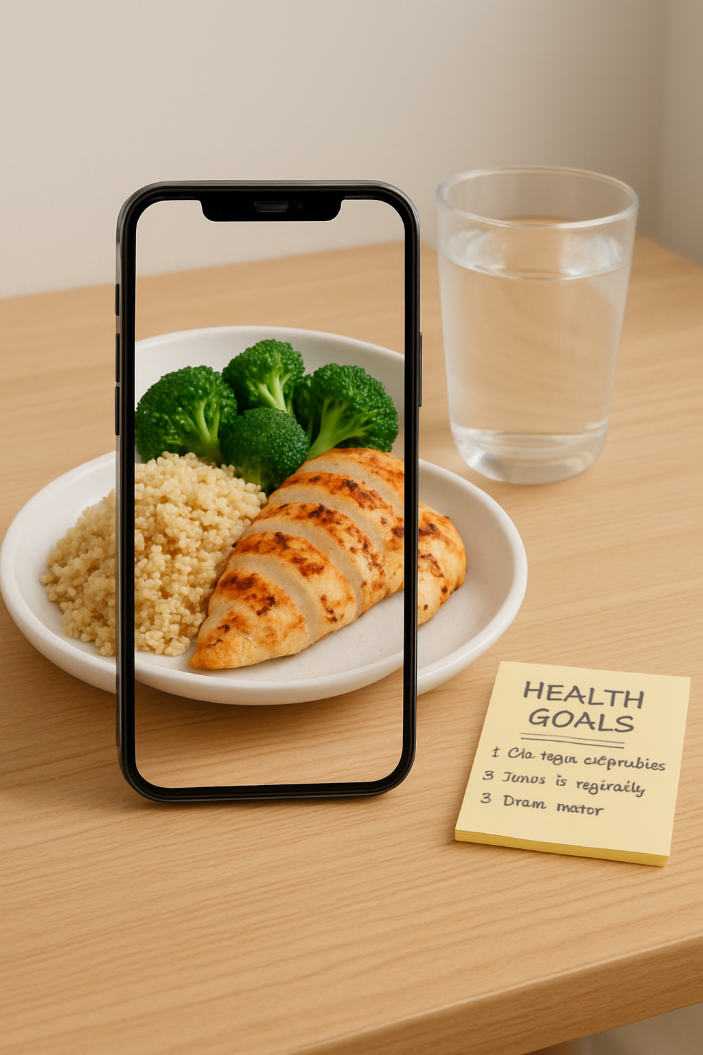 A smartphone displaying the SnapEat AI nutrition tracker app analyzing a healthy meal of salmon and vegetables.