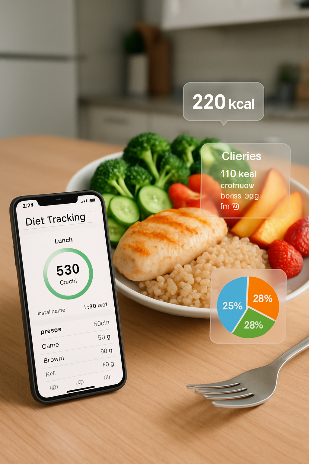 Smartphone displaying the SnapEat AI app interface, analyzing a healthy meal of salmon and vegetables from a photo.