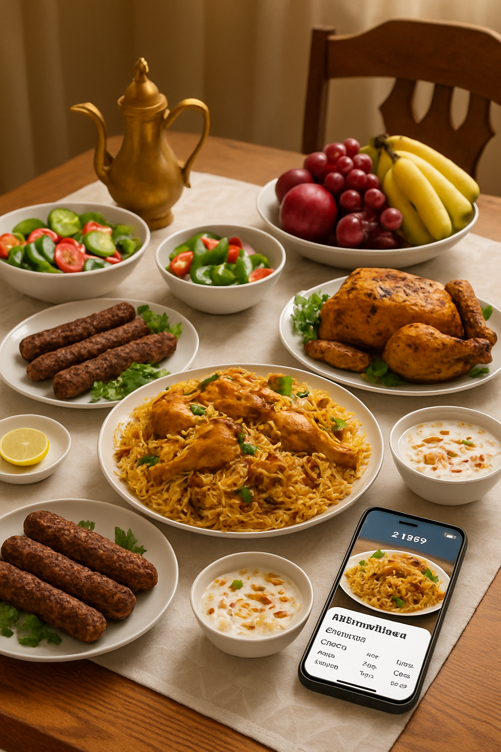 A person using the SnapEat AI smart food tracker on their phone to log a healthy Eid plate with biryani, kebabs, and salad.