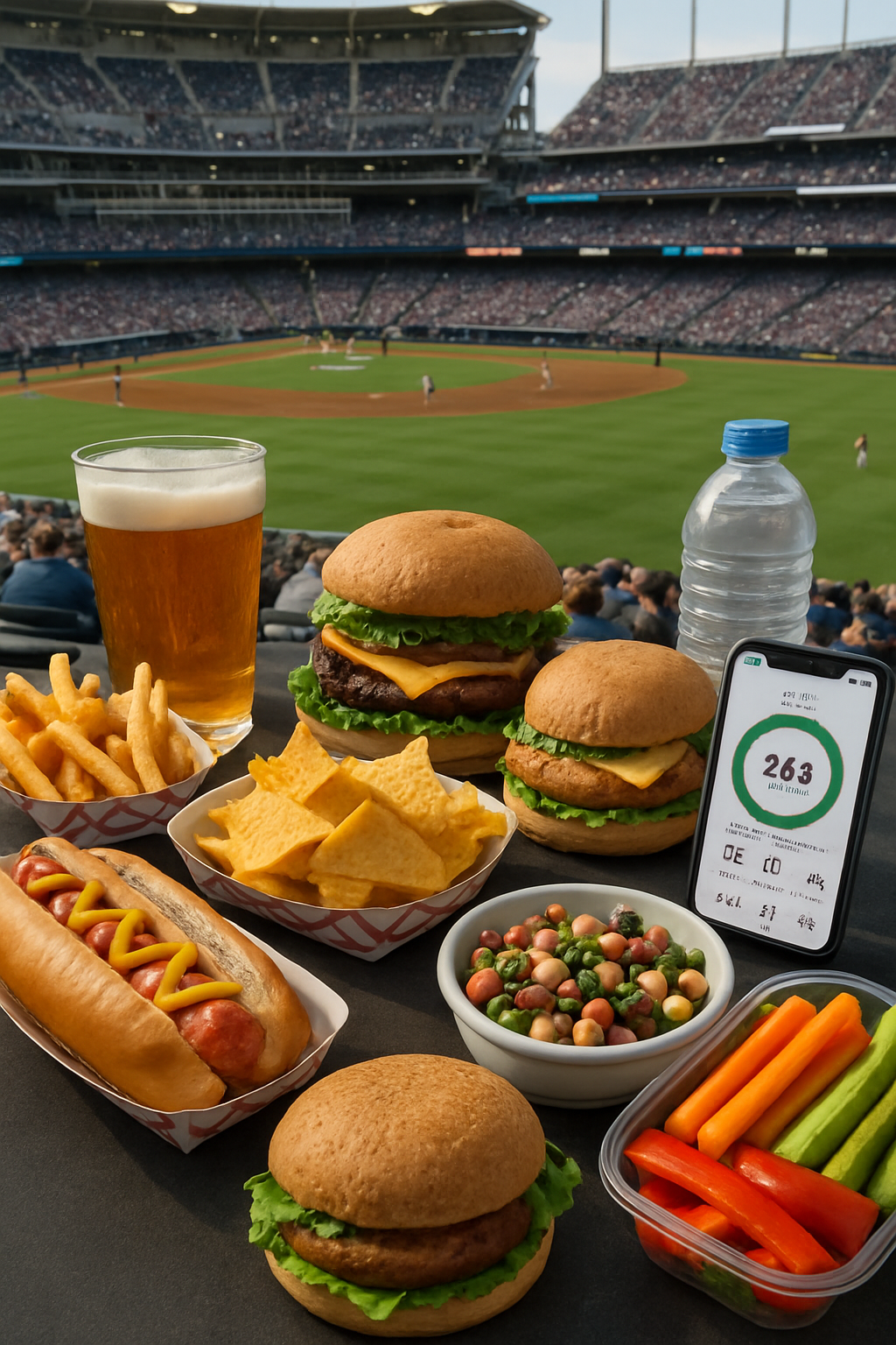 Using SnapEat AI to log healthy stadium food choices like a chicken sandwich at a sports event.