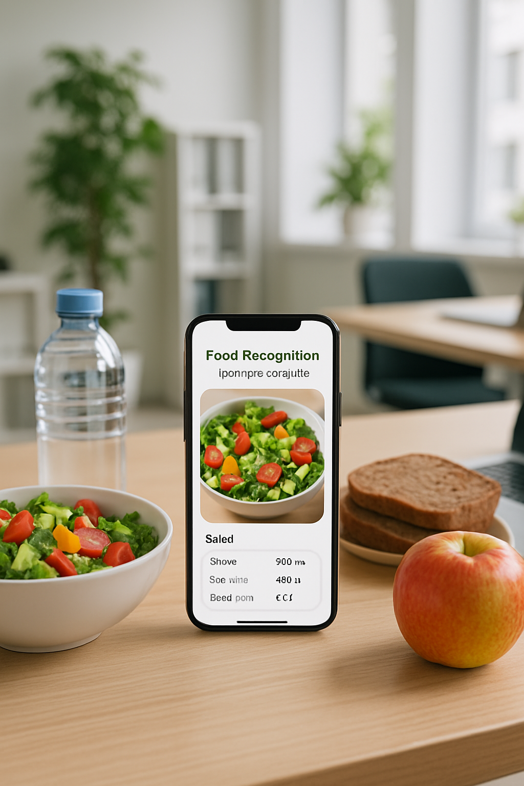 A recent graduate smiling while using the SnapEat AI app on their phone to track a healthy salad, illustrating healthy habits for young professionals.