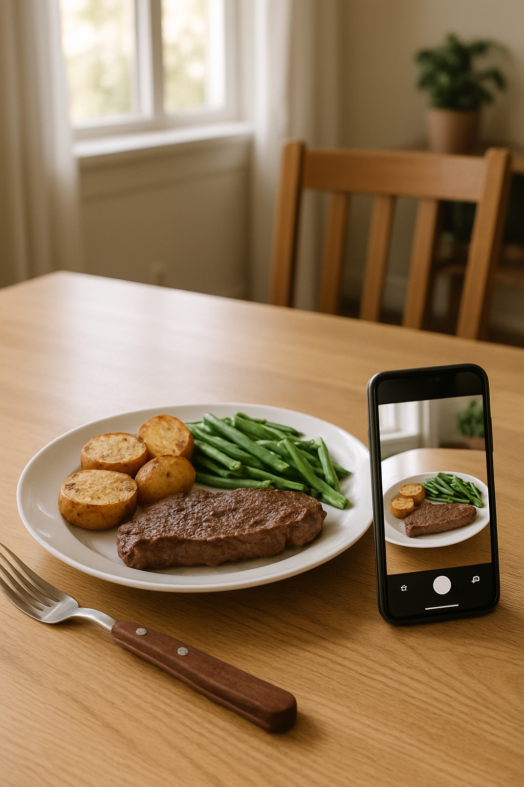 Smartphone using SnapEat AI food tracker app to analyze a meal of steak, potatoes, and vegetables, symbolizing smart nutrition.