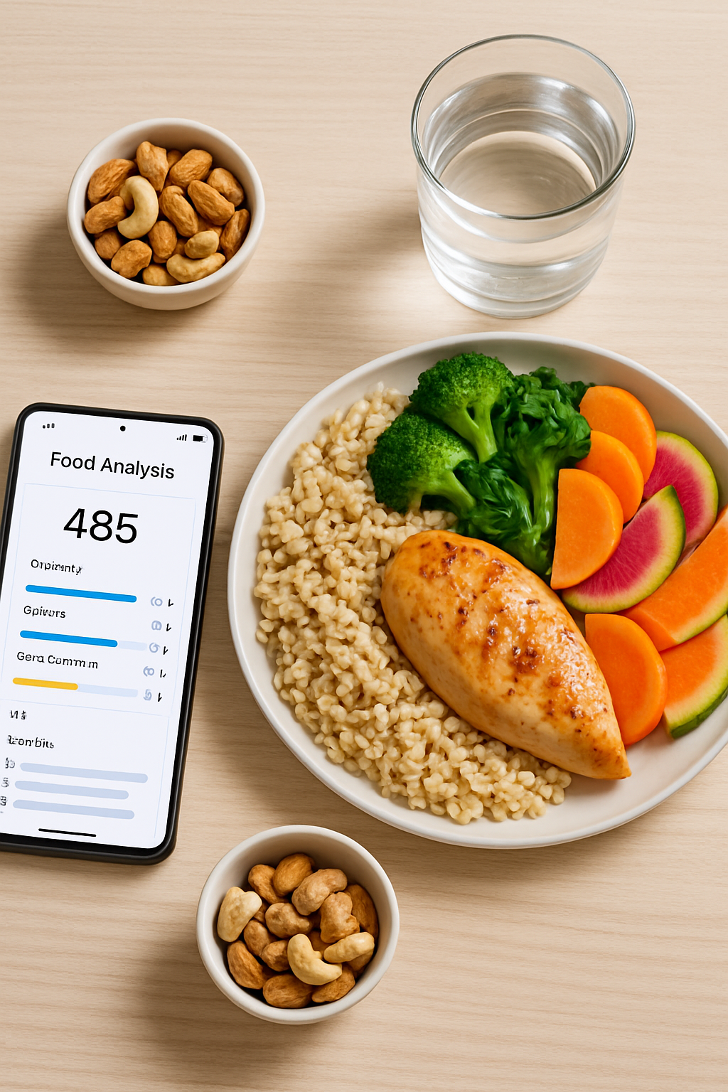 A smartphone using the SnapEat AI food tracking coach to analyze a healthy meal of salmon, broccoli, and rice.