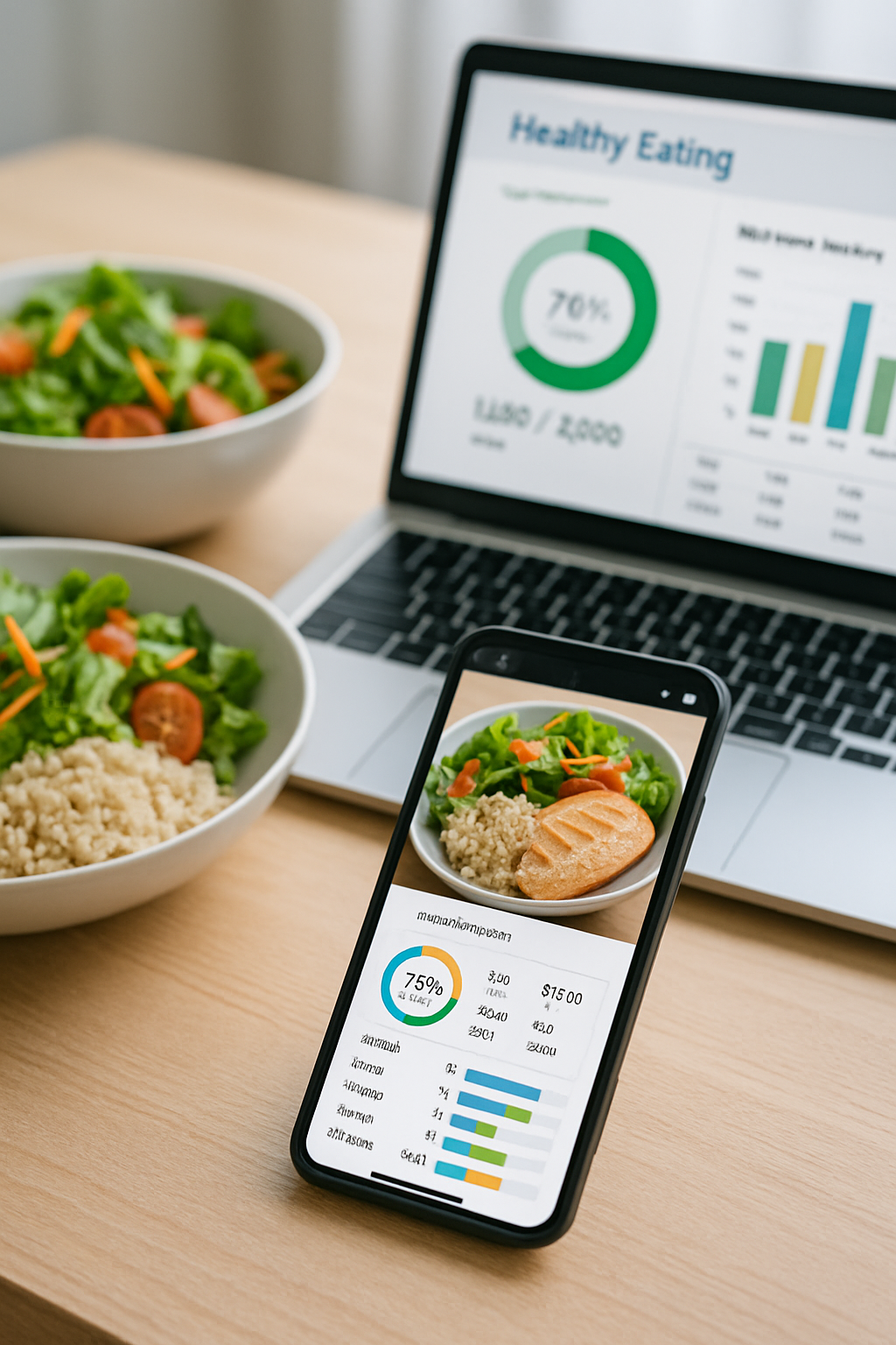 A smartphone displaying the SnapEat AI app analyzing a photo of a healthy salad for calorie counting.