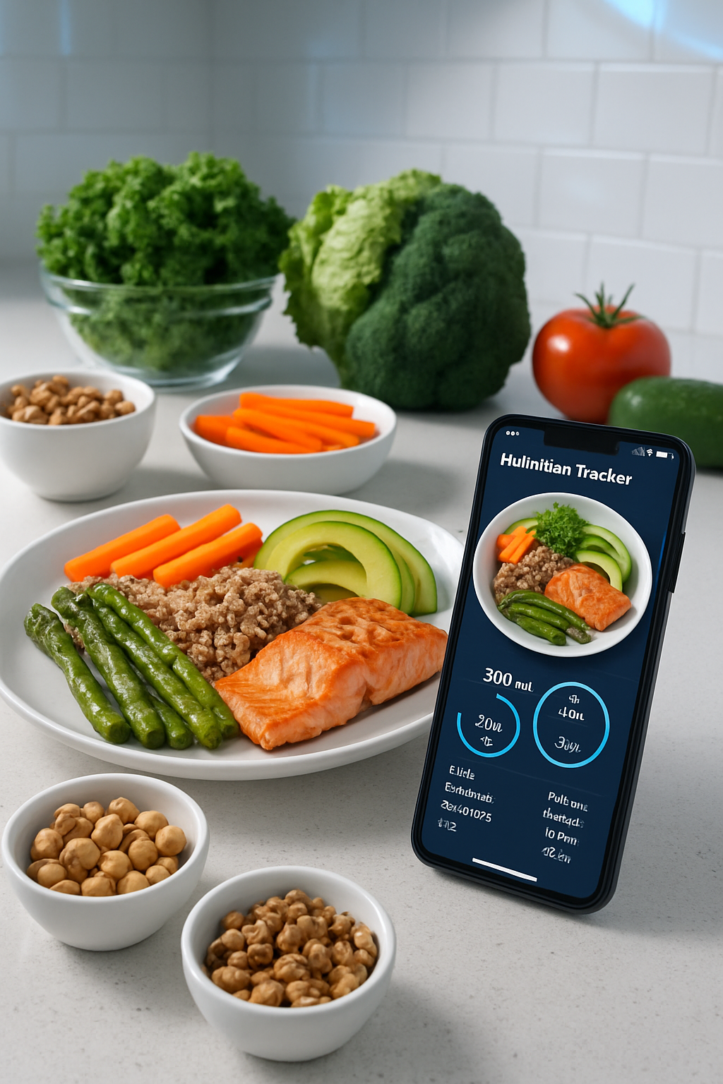 A smartphone showing the SnapEat AI nutrition tracker app interface with smart food recognition of a healthy meal.