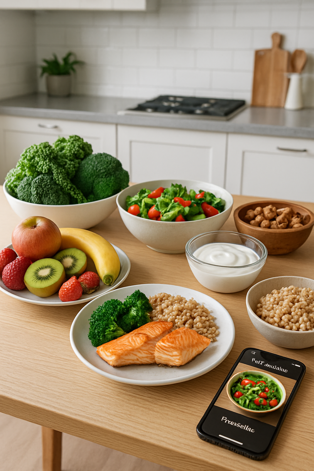 The SnapEat AI nutrition coach app on a phone, analyzing a photo of a healthy meal to automatically track calories and macros.