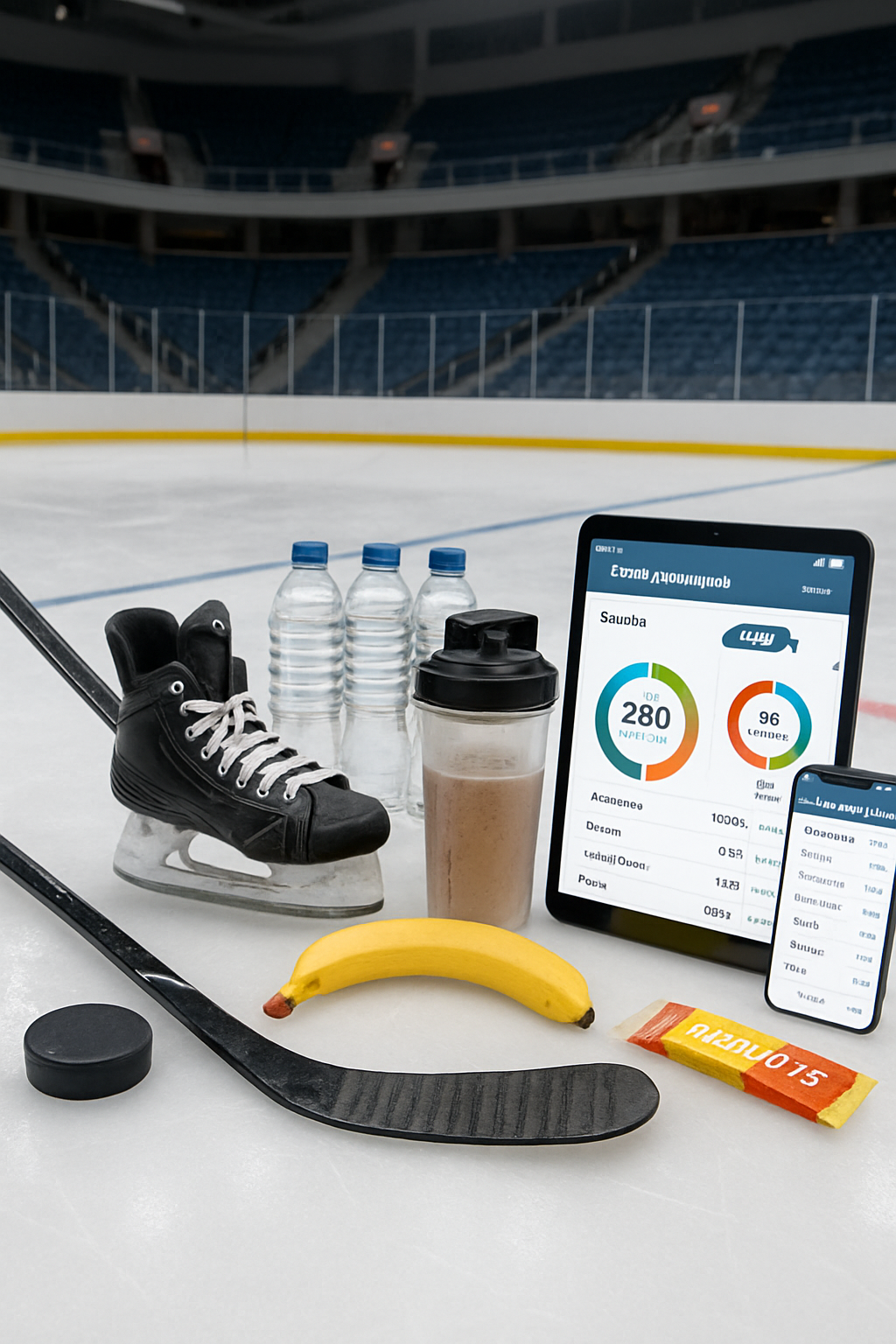 A hockey player's meal of chicken and vegetables with the SnapEat athlete nutrition app interface overlay