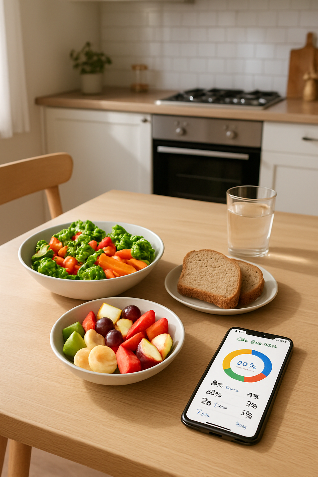A mom uses the SnapEat AI calorie counter app on her phone to analyze a healthy salad, simplifying her wellness journey.