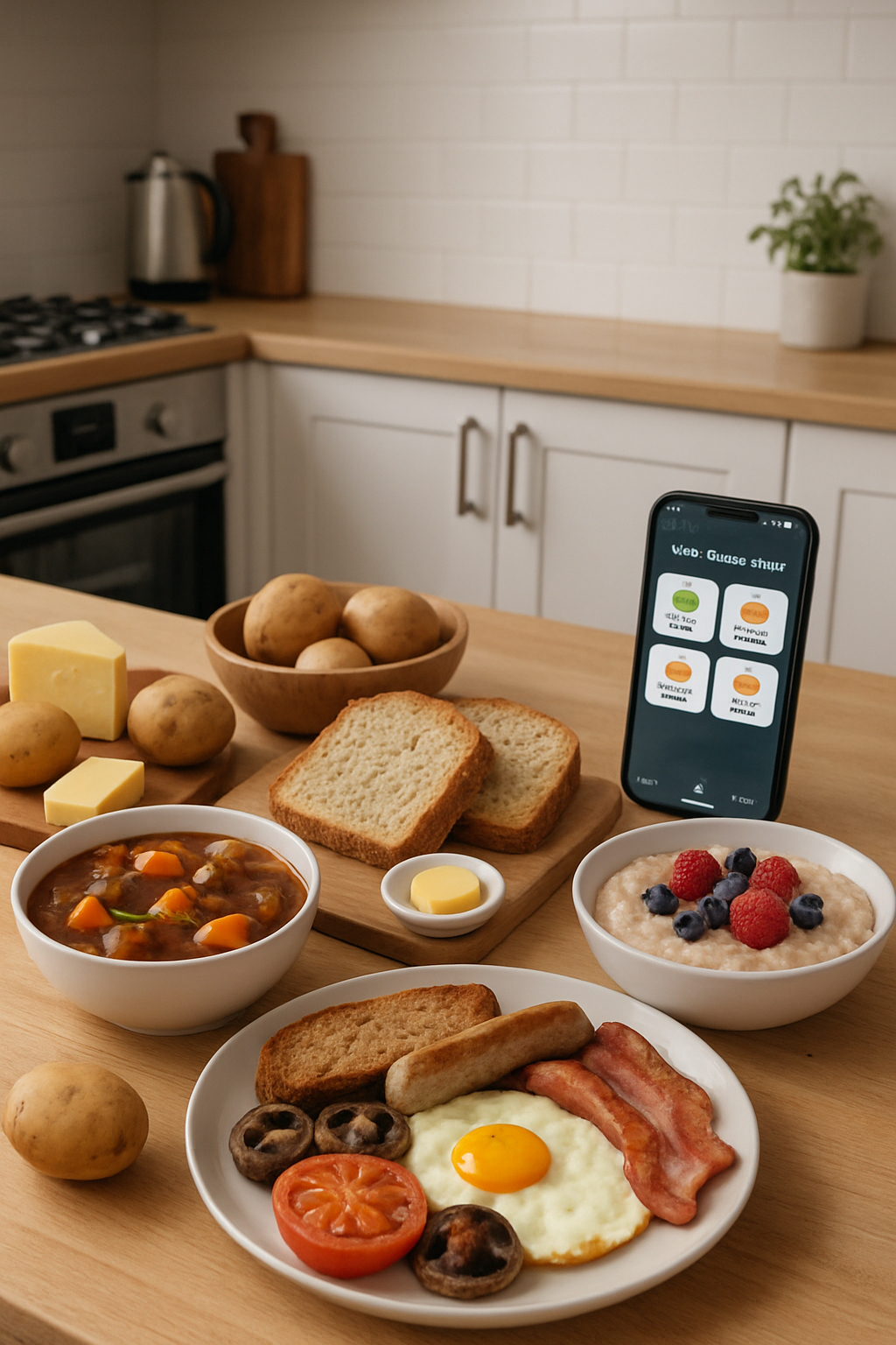 A smartphone running the SnapEat AI nutrition app, using food recognition to log a traditional Irish stew