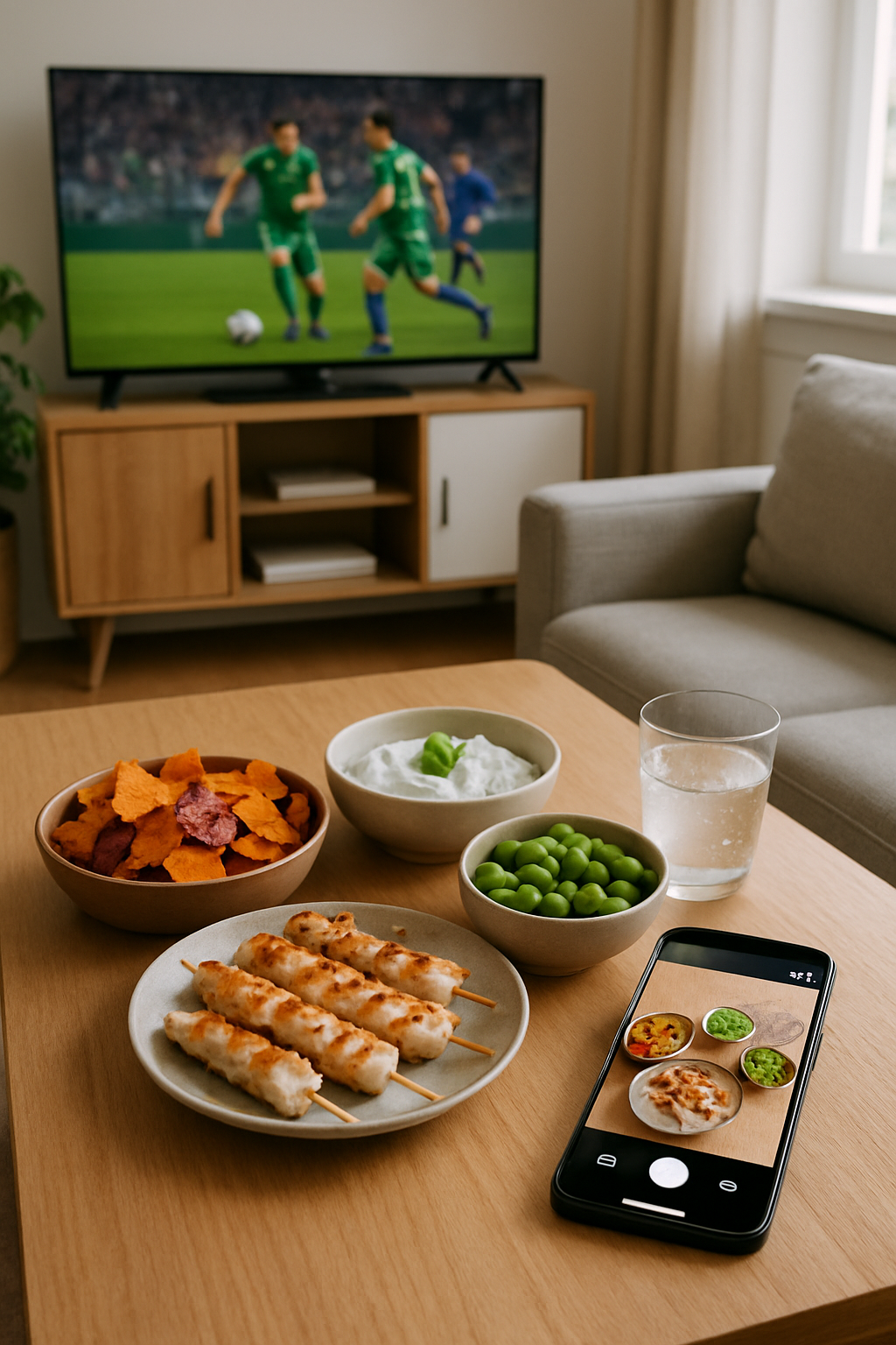 A person uses the SnapEat AI nutrition coach on their phone to track healthy snacks while watching a World Cup match on TV.