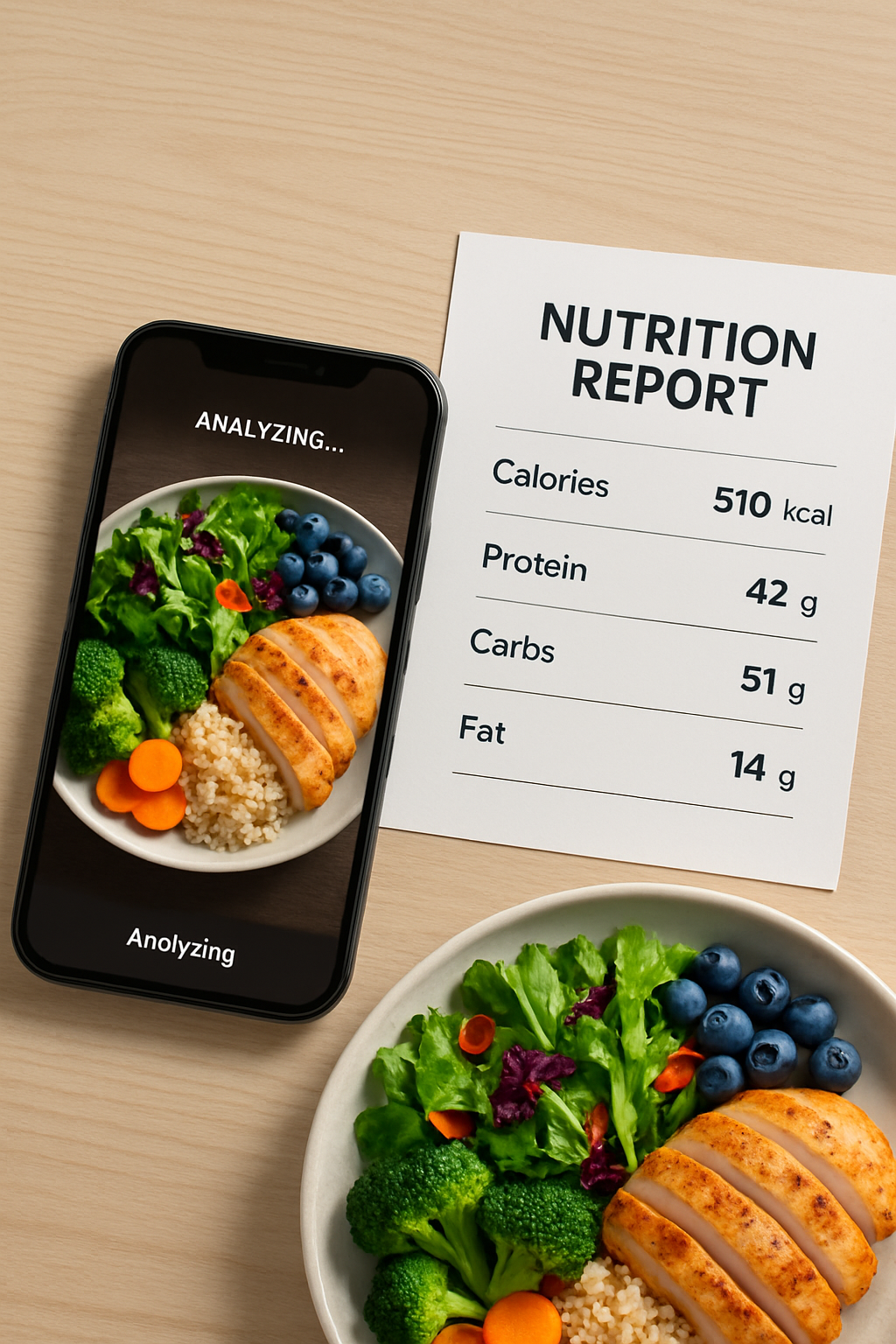 Smartphone showing the SnapEat AI app interface after analyzing a photo of a healthy meal.