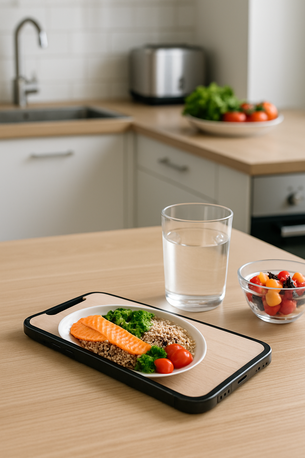 A smartphone using the SnapEat AI app to perform food recognition on a healthy meal of salmon, quinoa, and vegetables.