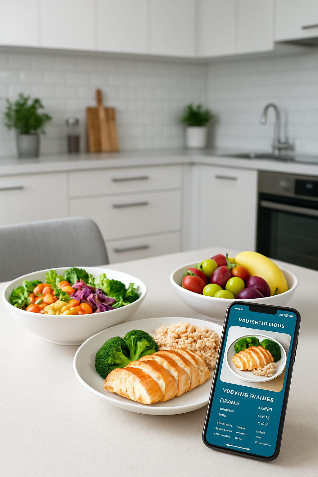 A smartphone displaying the SnapFood AI app analyzing a photo of a healthy meal with salmon, avocado, and vegetables.