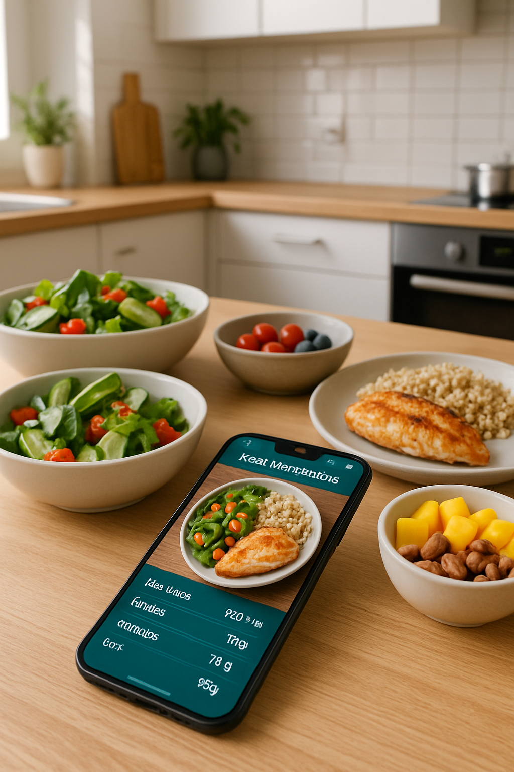 A smartphone displaying the SnapEat AI food coach interface, analyzing a photo of a healthy meal for nutritional information.