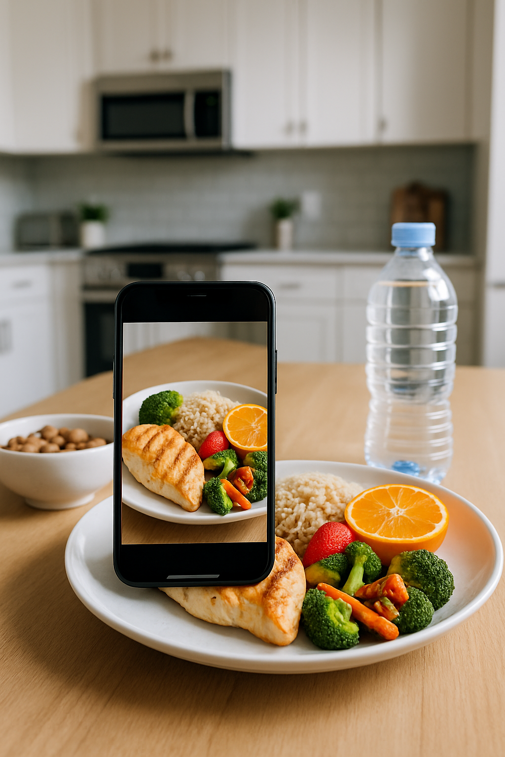 A woman looking at the SnapEat AI app on her phone, which displays nutrition analysis of a healthy meal.