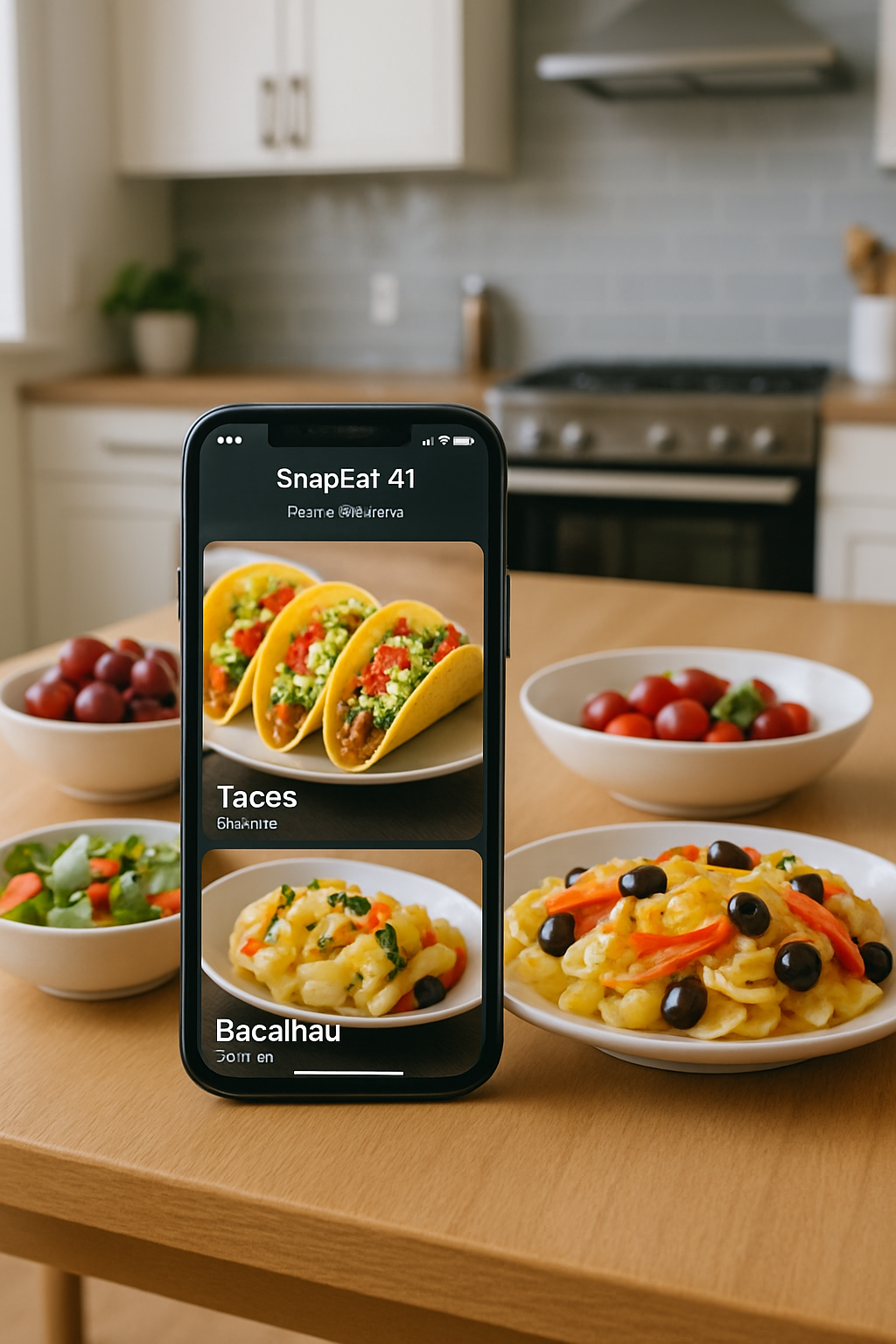 Smartphone showing the SnapEat AI app interface analyzing a photo of a healthy meal with salmon and vegetables