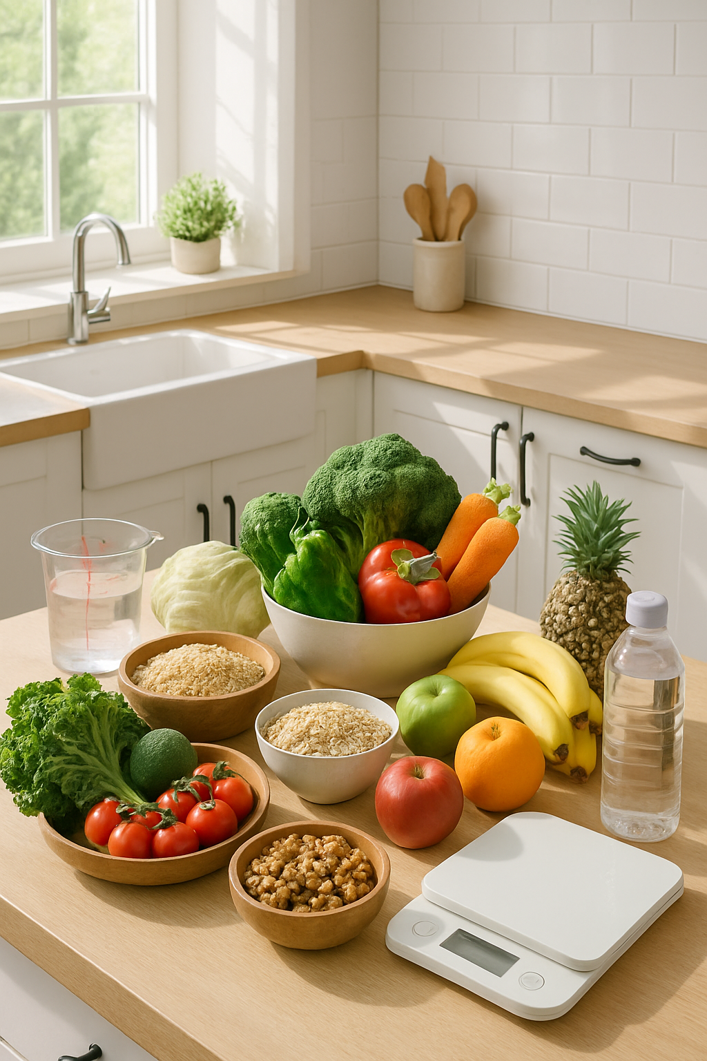 A healthy meal with fruits and vegetables next to a phone displaying the SnapEat AI app interface.