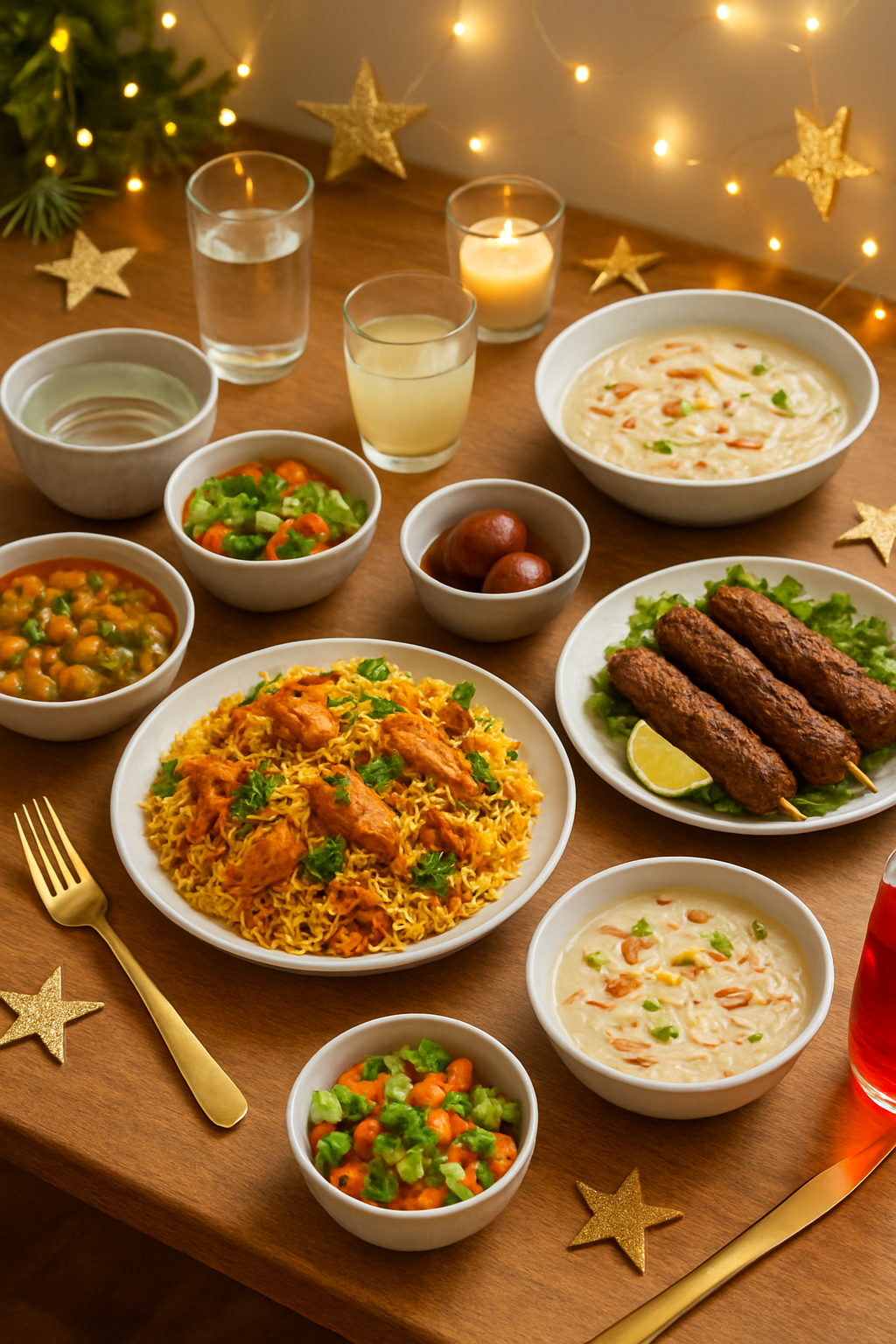 A healthy Eid plate with biryani, kebabs, and salad being analyzed on a smartphone with the SnapEat AI calorie counter app.