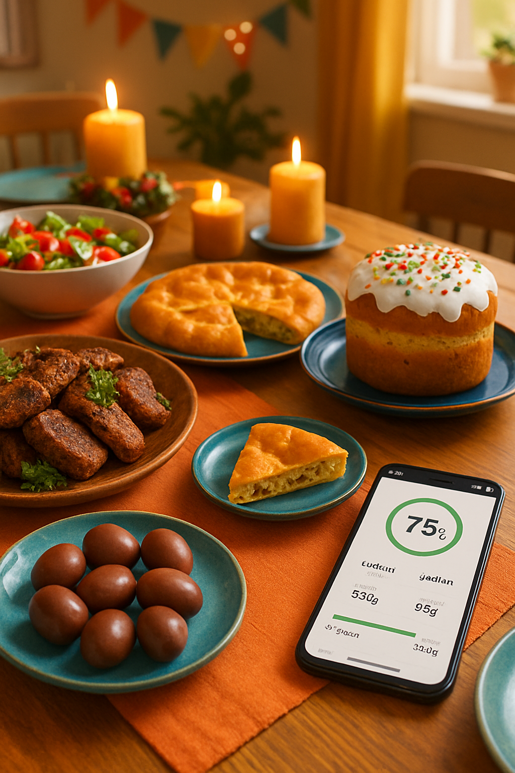 A festive plate of Sábado de Gloria food being analyzed by the SnapEat AI smart calorie counter app on a phone.