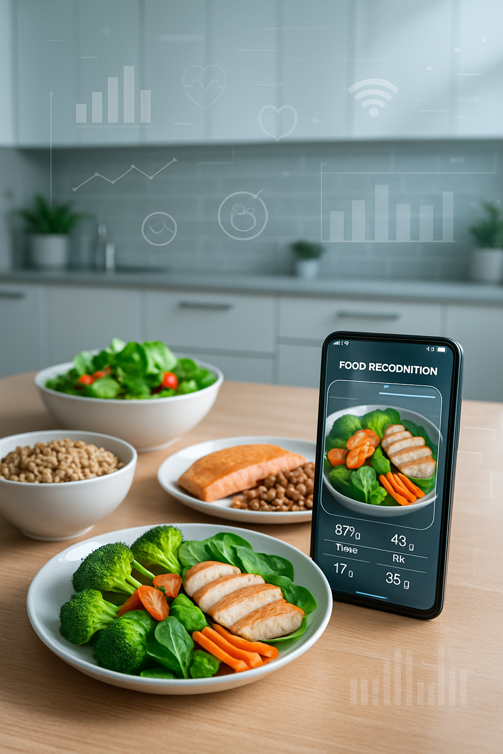 Smartphone screen showing the SnapEat AI food tracker app analyzing a photo of a bowl with chicken, rice, and broccoli