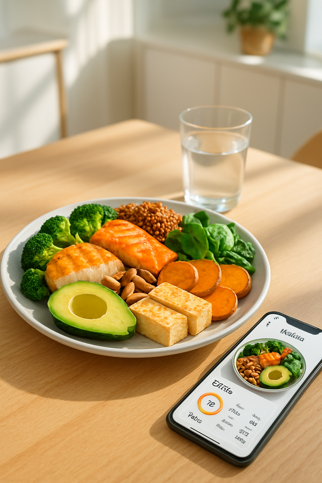 Smartphone screen displaying MealAI Tracker analyzing a healthy meal photo.