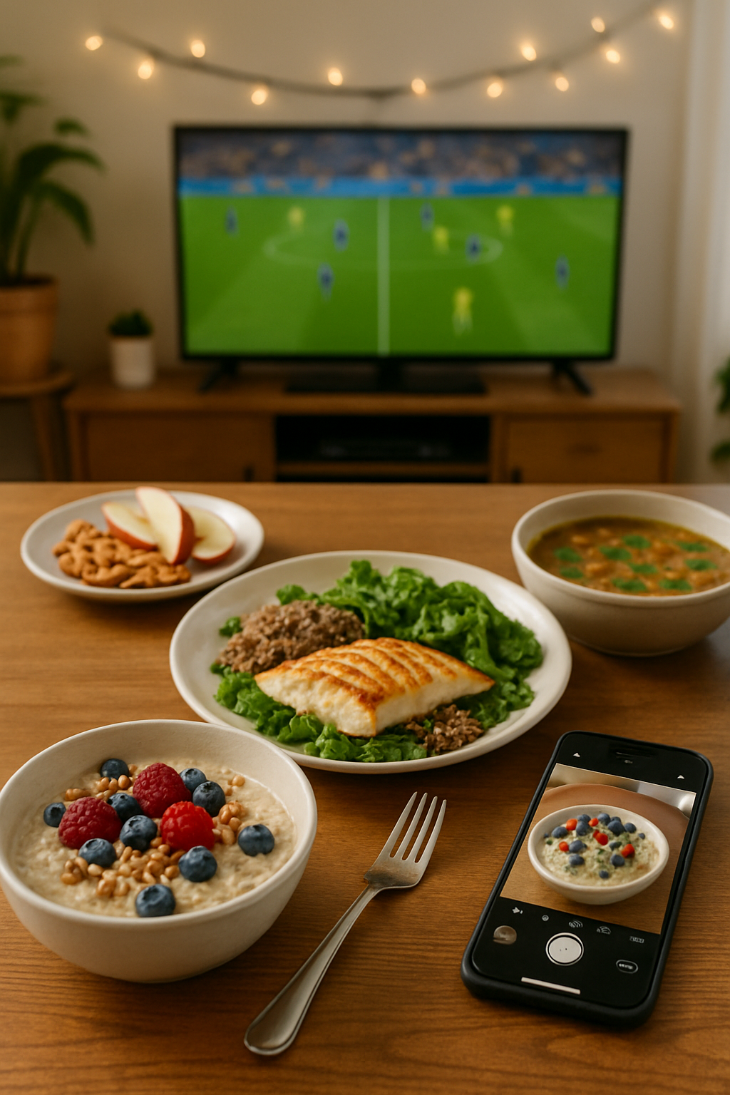 A plate of healthy AFCON game day food like grilled tilapia and jollof rice next to a phone showing the SnapEat AI app.
