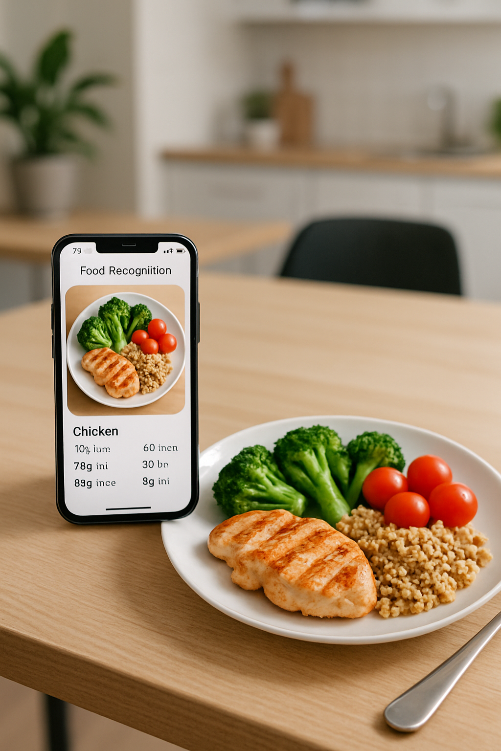 Smartphone showing the SnapEat AI food recognition app analyzing a plate of healthy food, illustrating the concept of an AI nutrition coach.