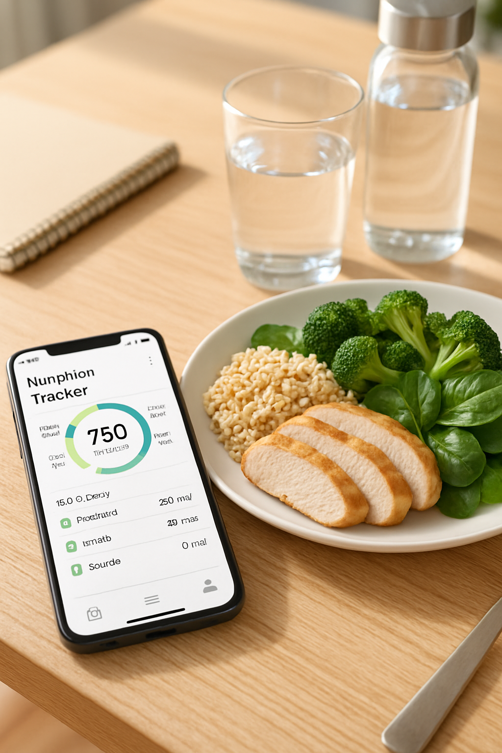 A phone screen showing the SnapEat AI nutrition tracker app analyzing a photo of a healthy salad, demonstrating how to track meals with a camera.