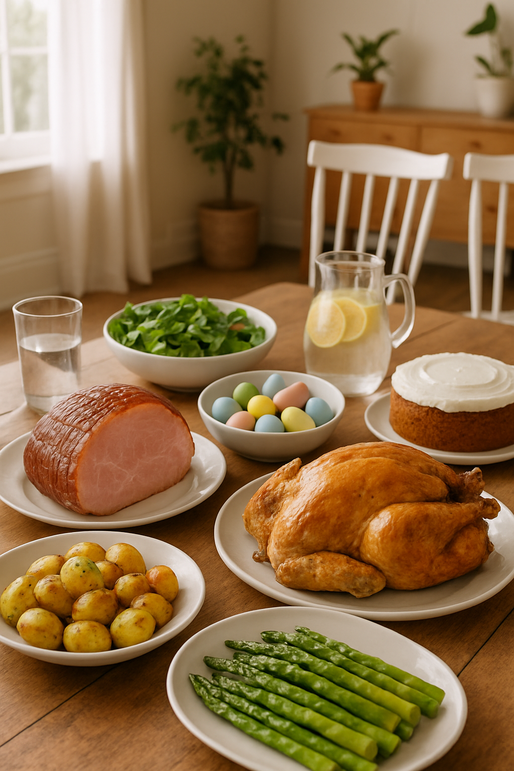 A balanced plate of healthy Easter dinner food including ham and vegetables, with the SnapEat AI food tracking app interface shown.