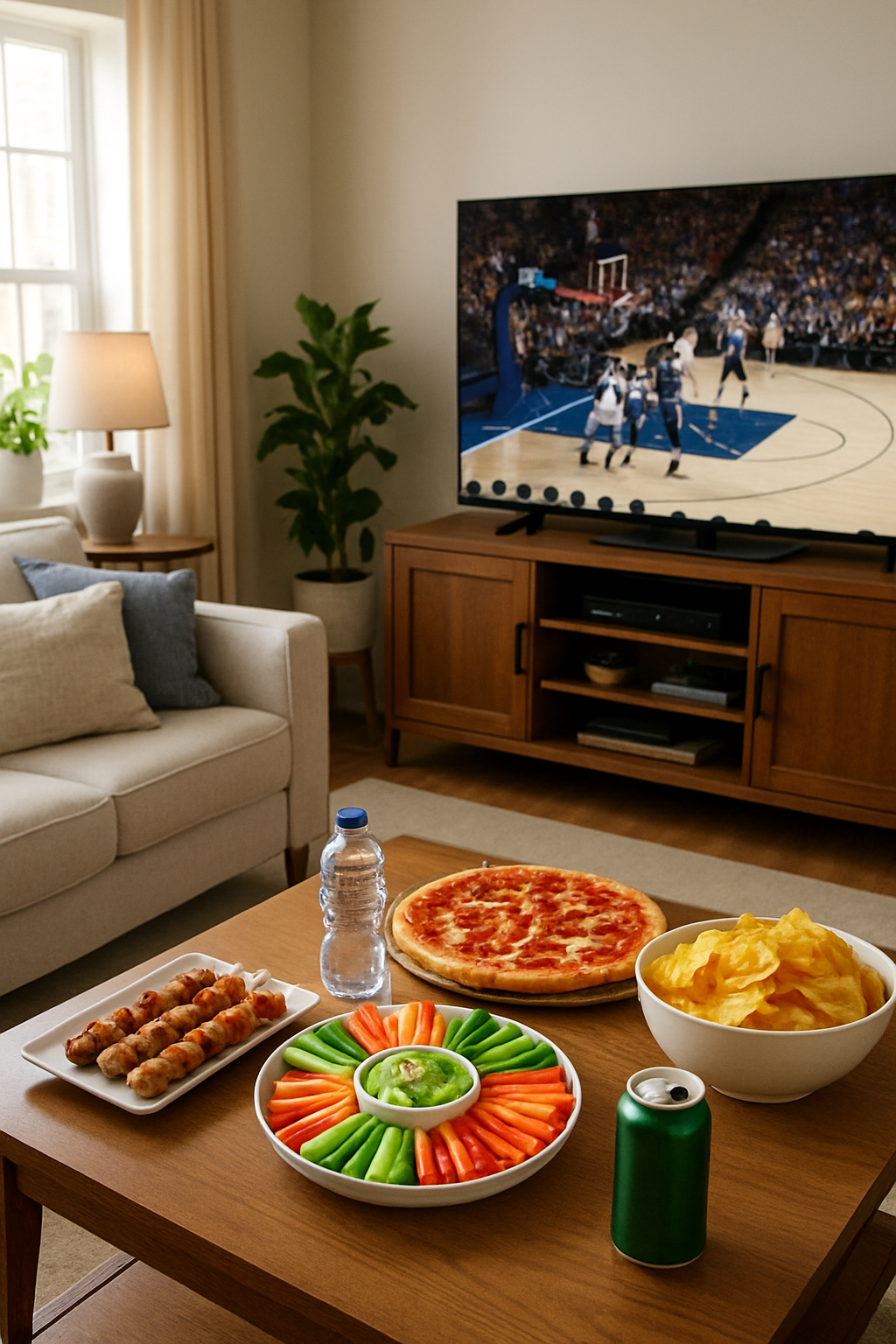 A plate of healthy game day eats like chicken skewers and veggie sticks next to a phone showing the SnapEat AI app interface.