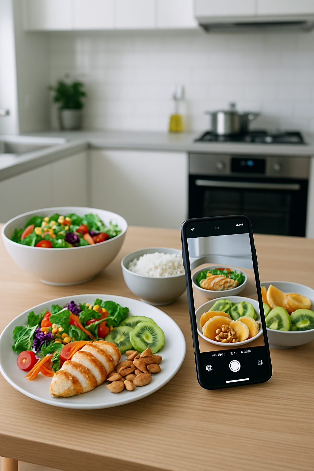 Smartphone showing the SnapEat AI nutrition coach app analyzing a photo of a healthy meal with salmon and vegetables.