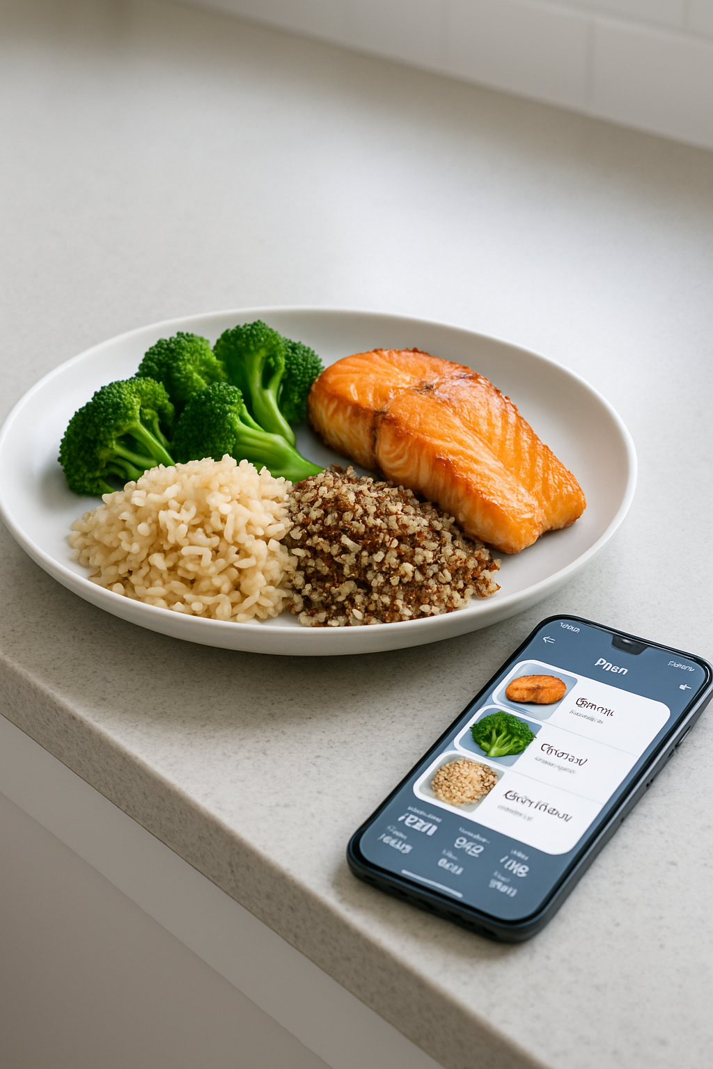 A plate with salmon and broccoli, illustrating the Lord Sear diet, with the SnapEat AI food recognition app interface overlayed.