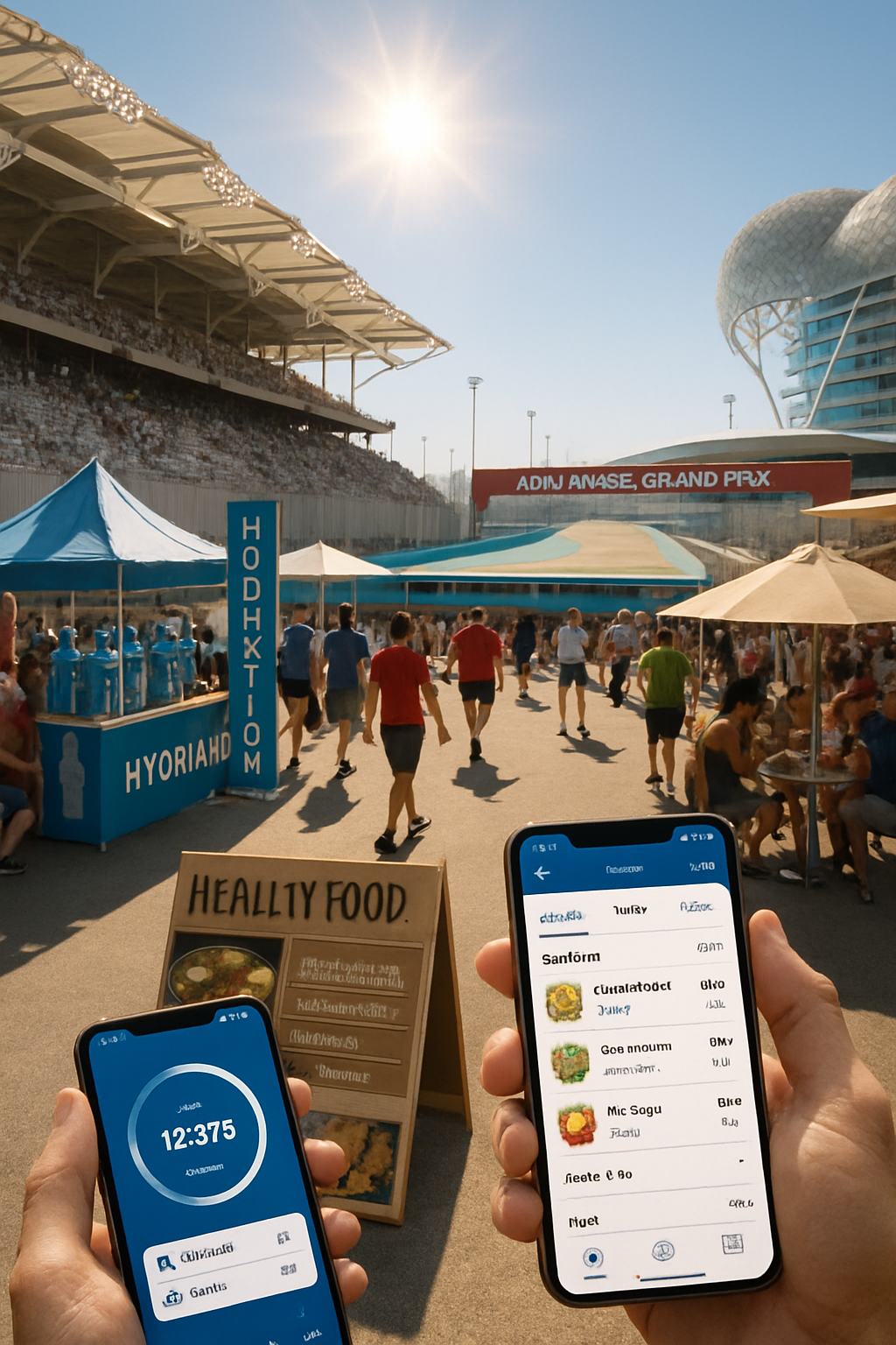 F1 fan at Abu Dhabi GP using SnapEat AI app to check nutrition of trackside food.