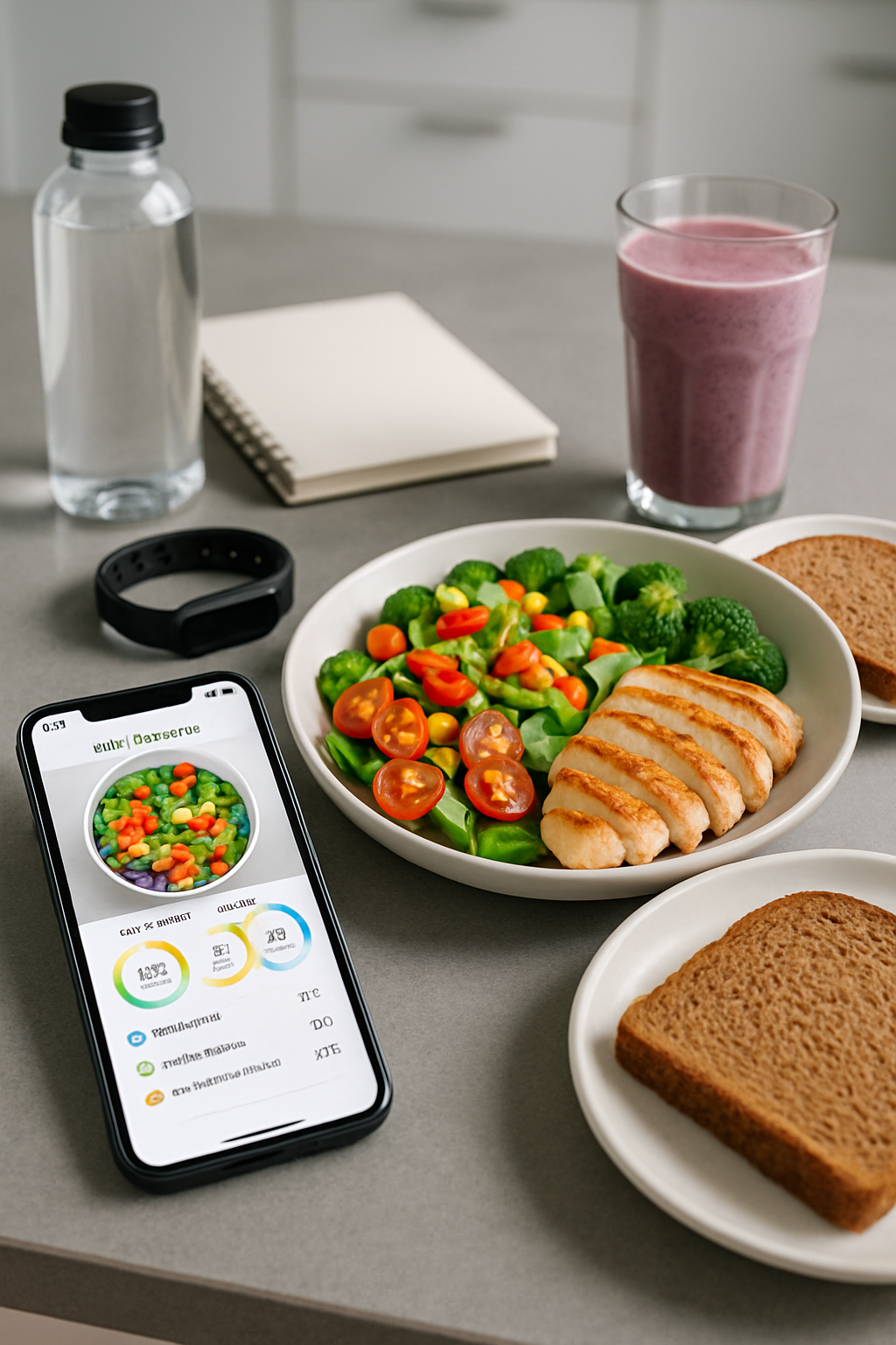 Smartphone displaying the SnapEat AI food coach app, analyzing a photo of a healthy meal to track nutrition.