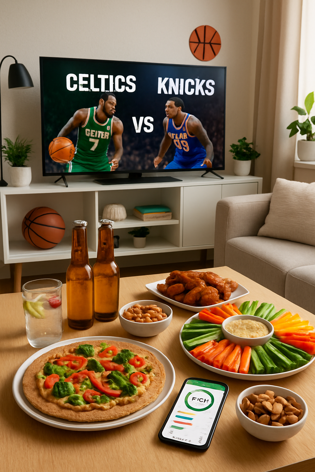 A table with healthy game day snacks, including baked wings and a veggie platter, illustrating good game day nutrition.