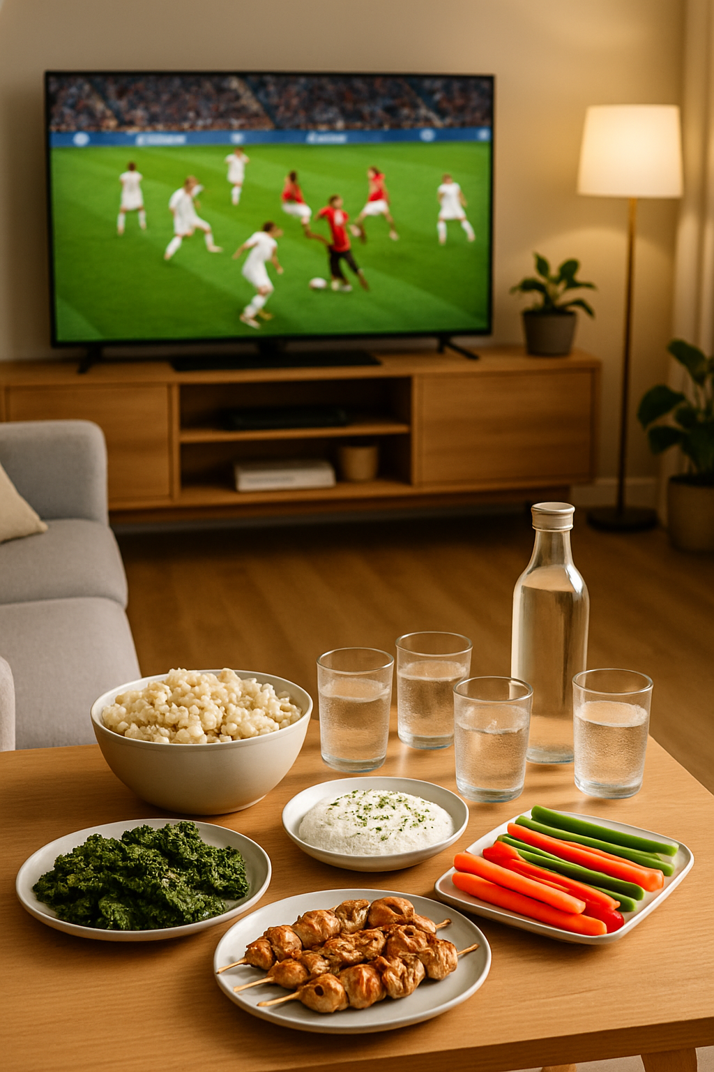A person using the SnapEat AI food tracker app on their phone with a background of a soccer game and healthy snacks.