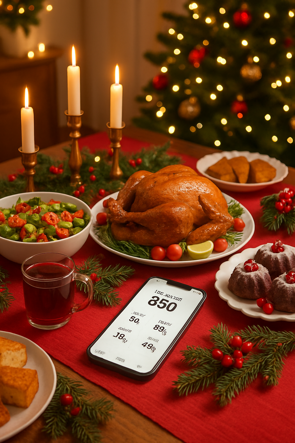 A smartphone showing the SnapEat AI smart calorie counter app analyzing a plate of holiday food.