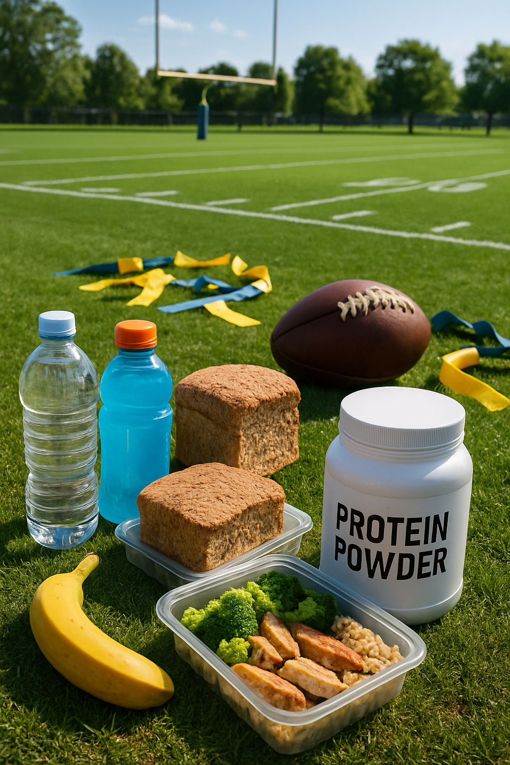 Flag football player running on the field, powered by a smart flag football nutrition plan.